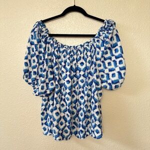 Knox Rose Blue & White Ikat Printed Short Puff Sleeve Blouse XXL